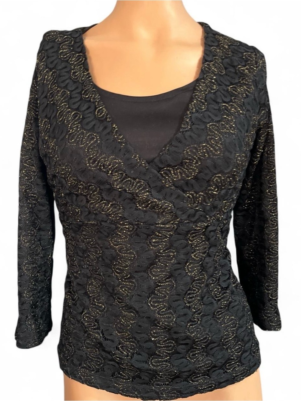 JM Collection Black Lace Long Sleeve V-Neck Top with Gold Threading